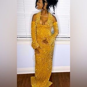 Gold Fitted Sequins Gown